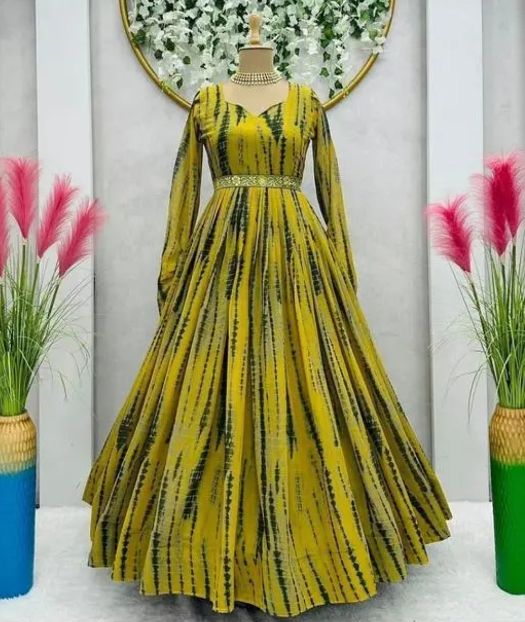 Traditional Yellow Tie-Dye Flared Gown