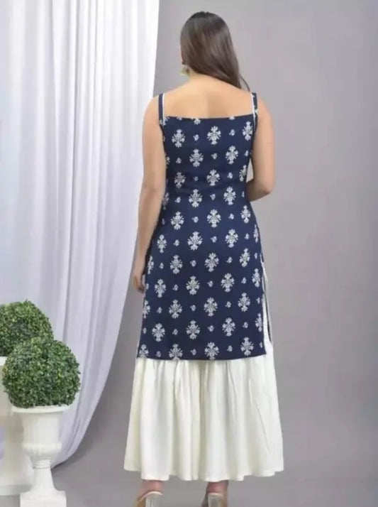 Navy Blue Printed Kurti with White Palazzo Pants
