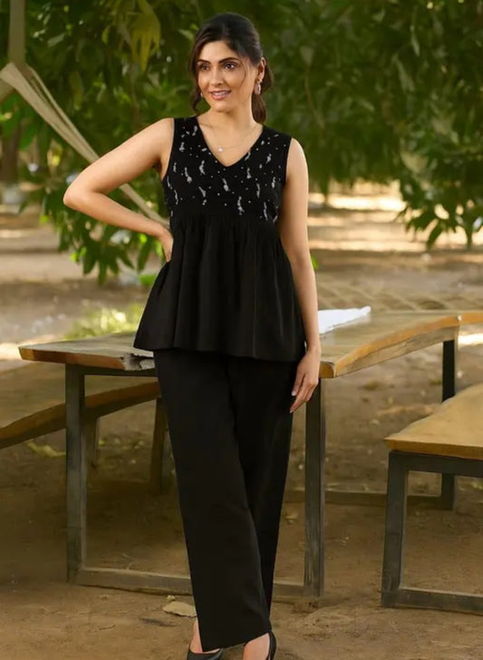 Black Sleeveless Peplum Kurti Top with Floral Embroidery