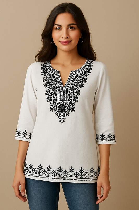 Elegant White Cotton Kurti with Black Embroidery – Side Slit Design