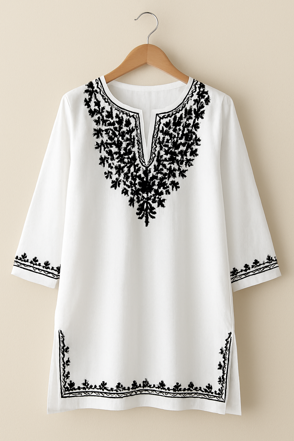 Elegant White Cotton Kurti with Black Embroidery – Side Slit Design