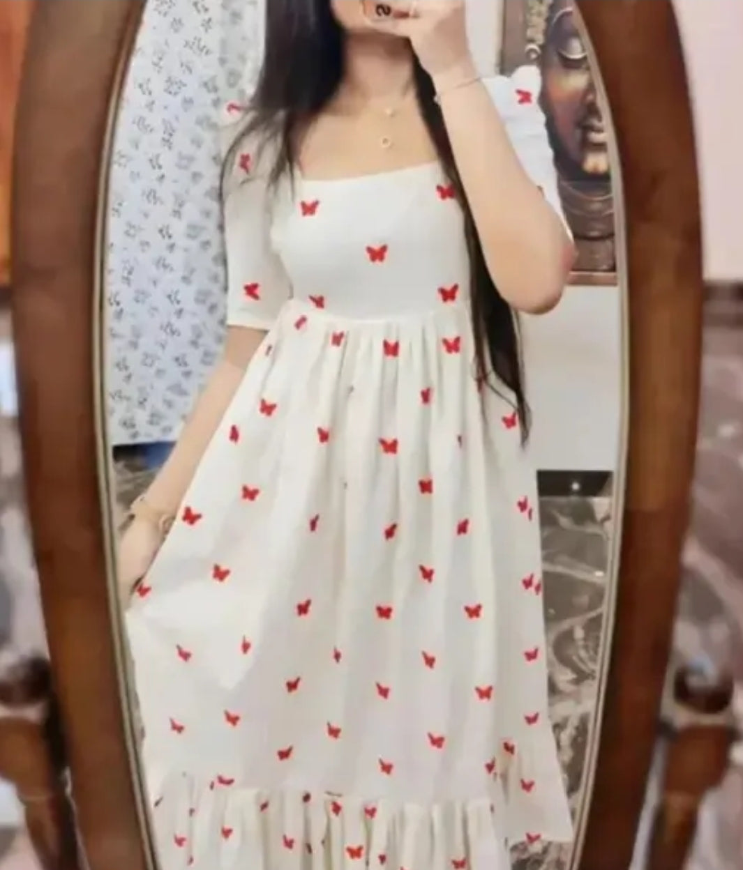 White A-Line Midi Dress with Red Butterfly Print