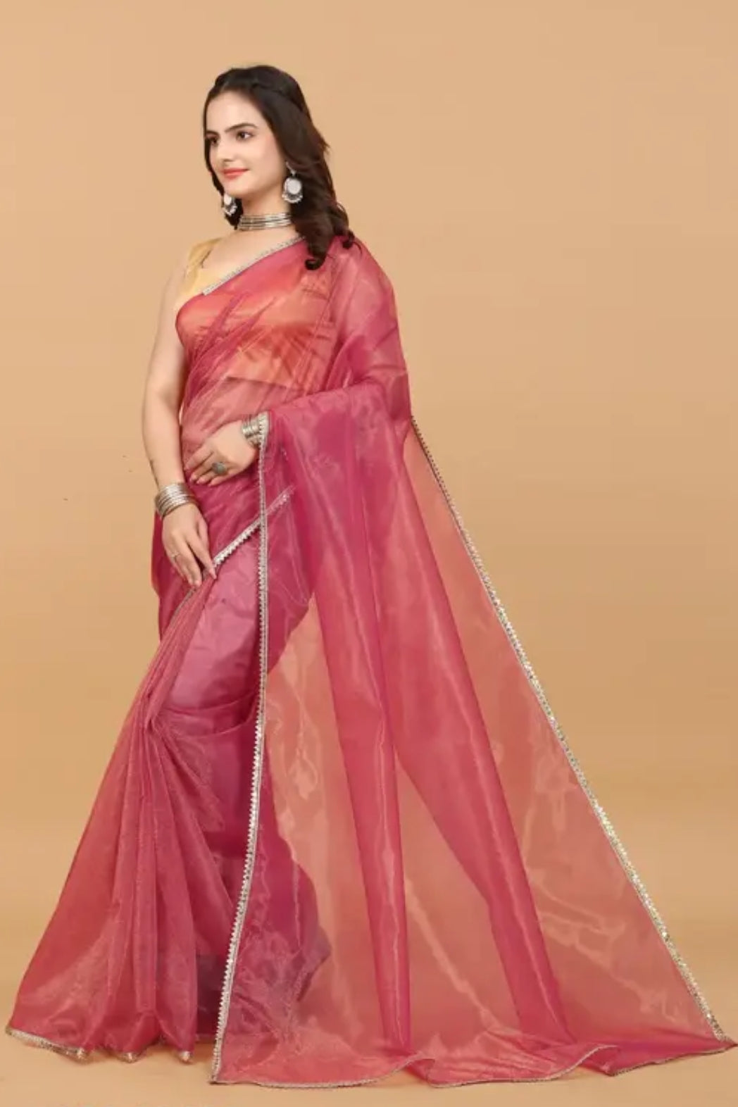 Pink Organza Saree with Golden Blouse