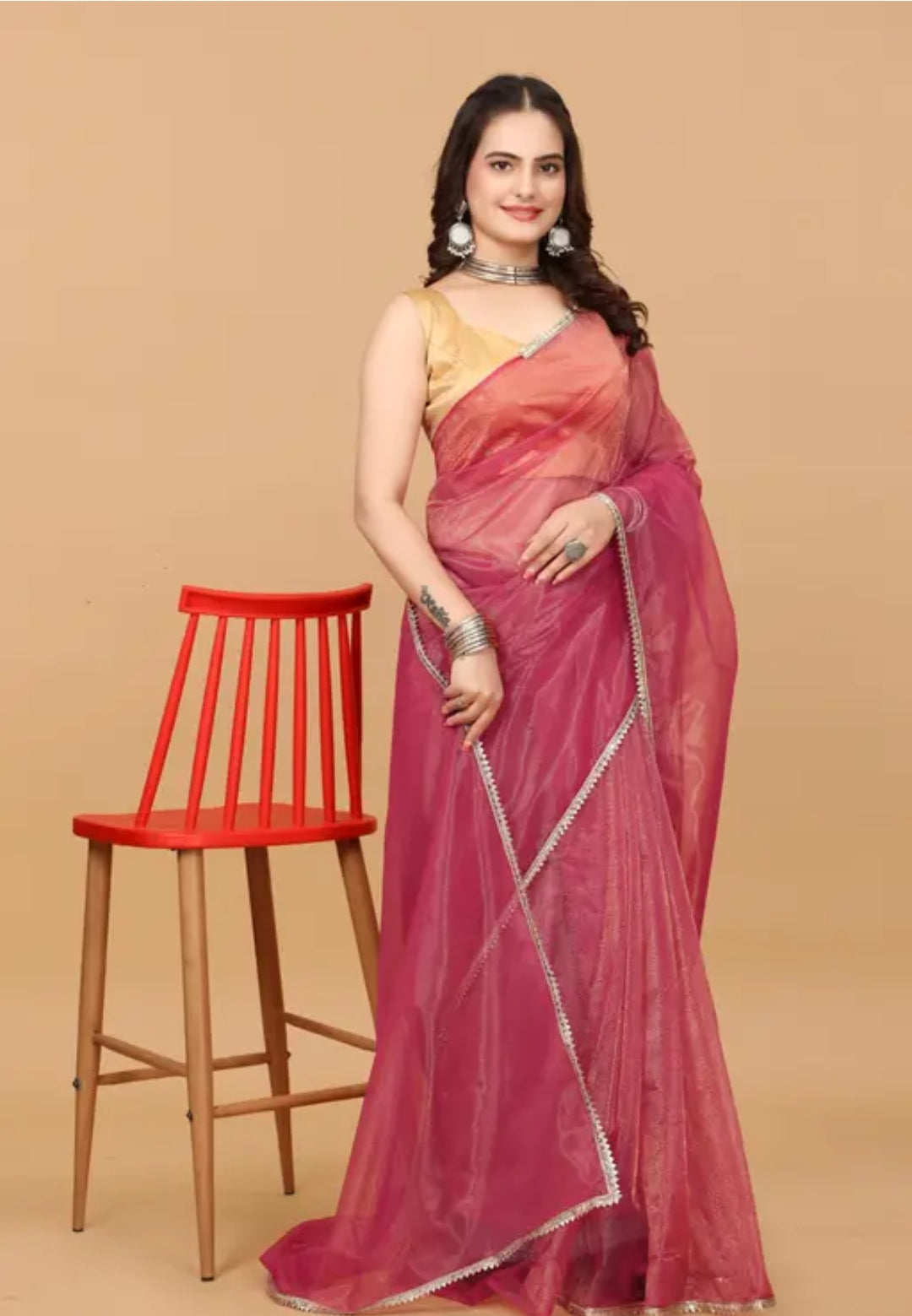 Pink Organza Saree with Golden Blouse