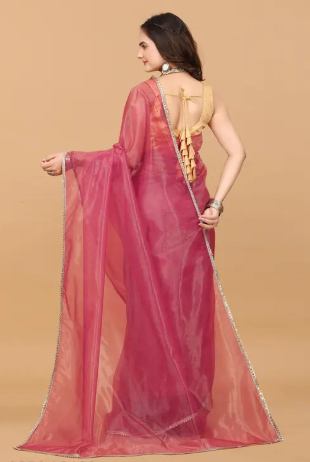 Pink Organza Saree with Golden Blouse