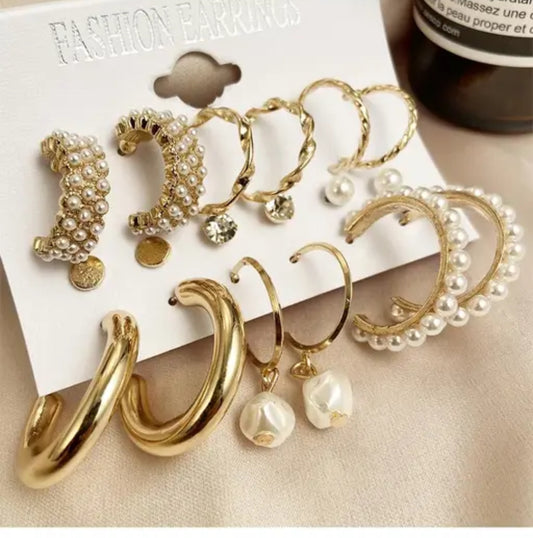 Luxury Gold-Plated Earring Set – 6 Pairs Combo (Pearls & Hoops)