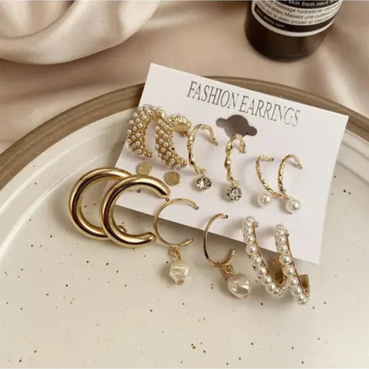 Luxury Gold-Plated Earring Set – 6 Pairs Combo (Pearls & Hoops)
