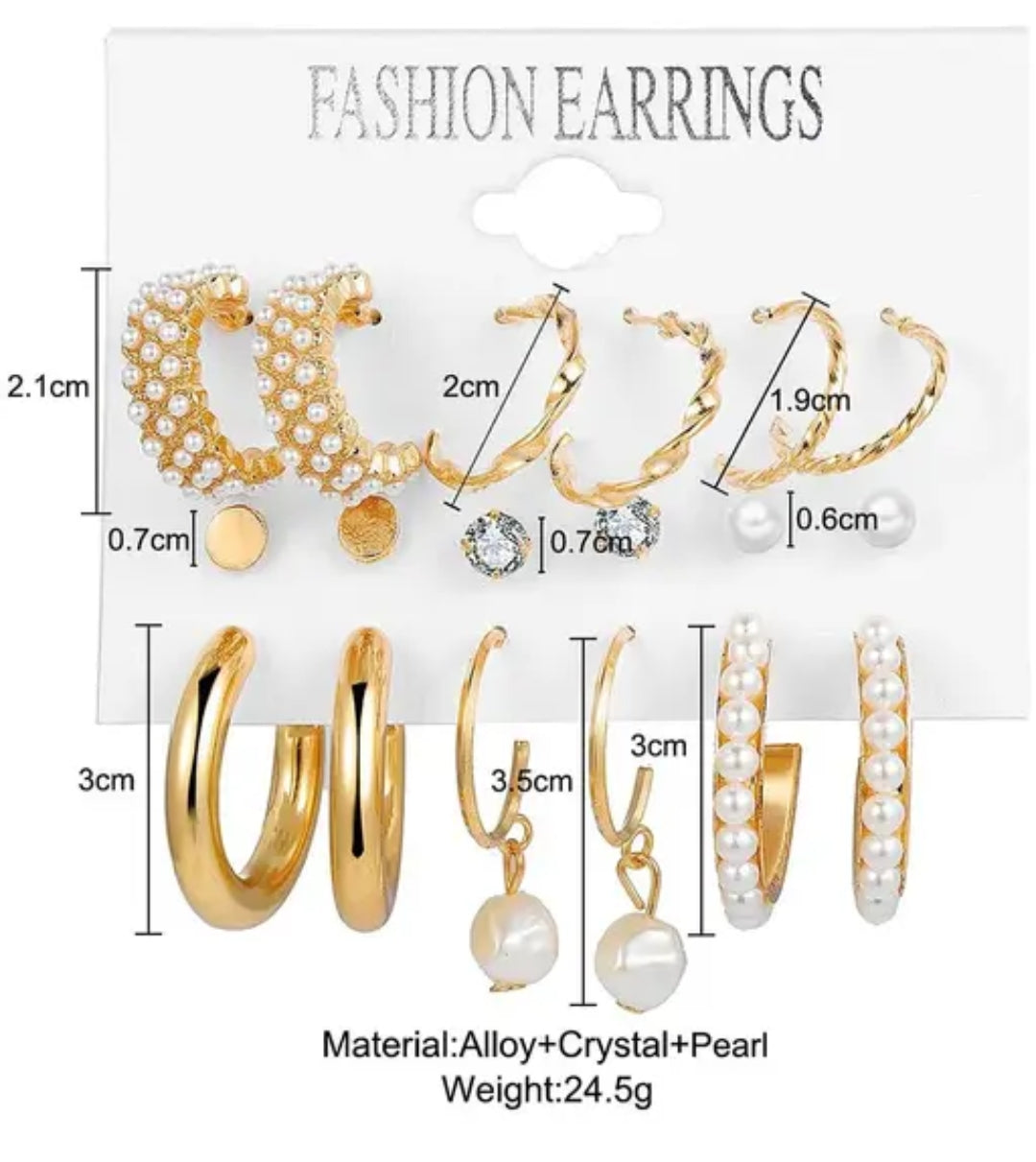 Luxury Gold-Plated Earring Set – 6 Pairs Combo (Pearls & Hoops)