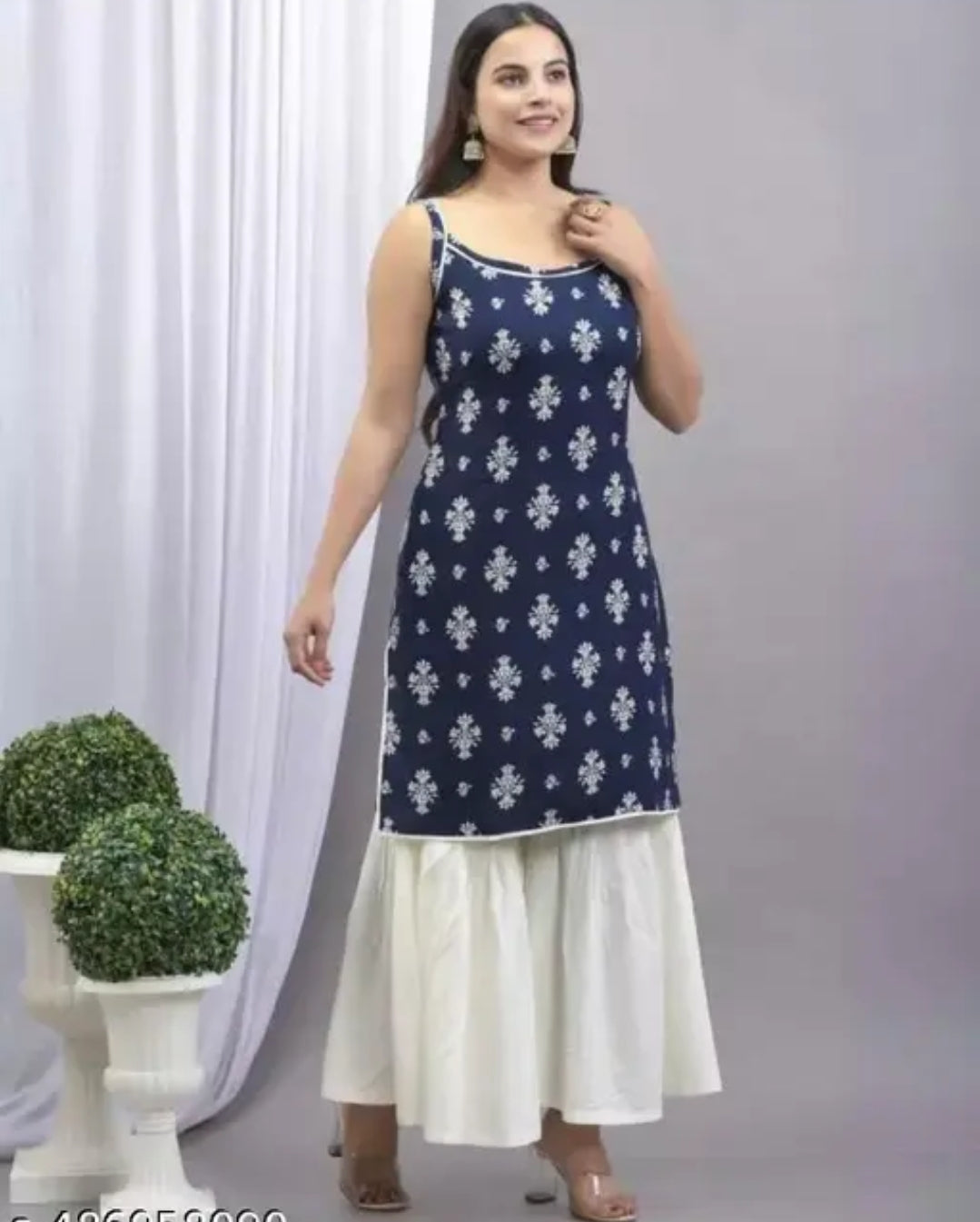 Navy Blue Printed Kurti with White Palazzo Pants