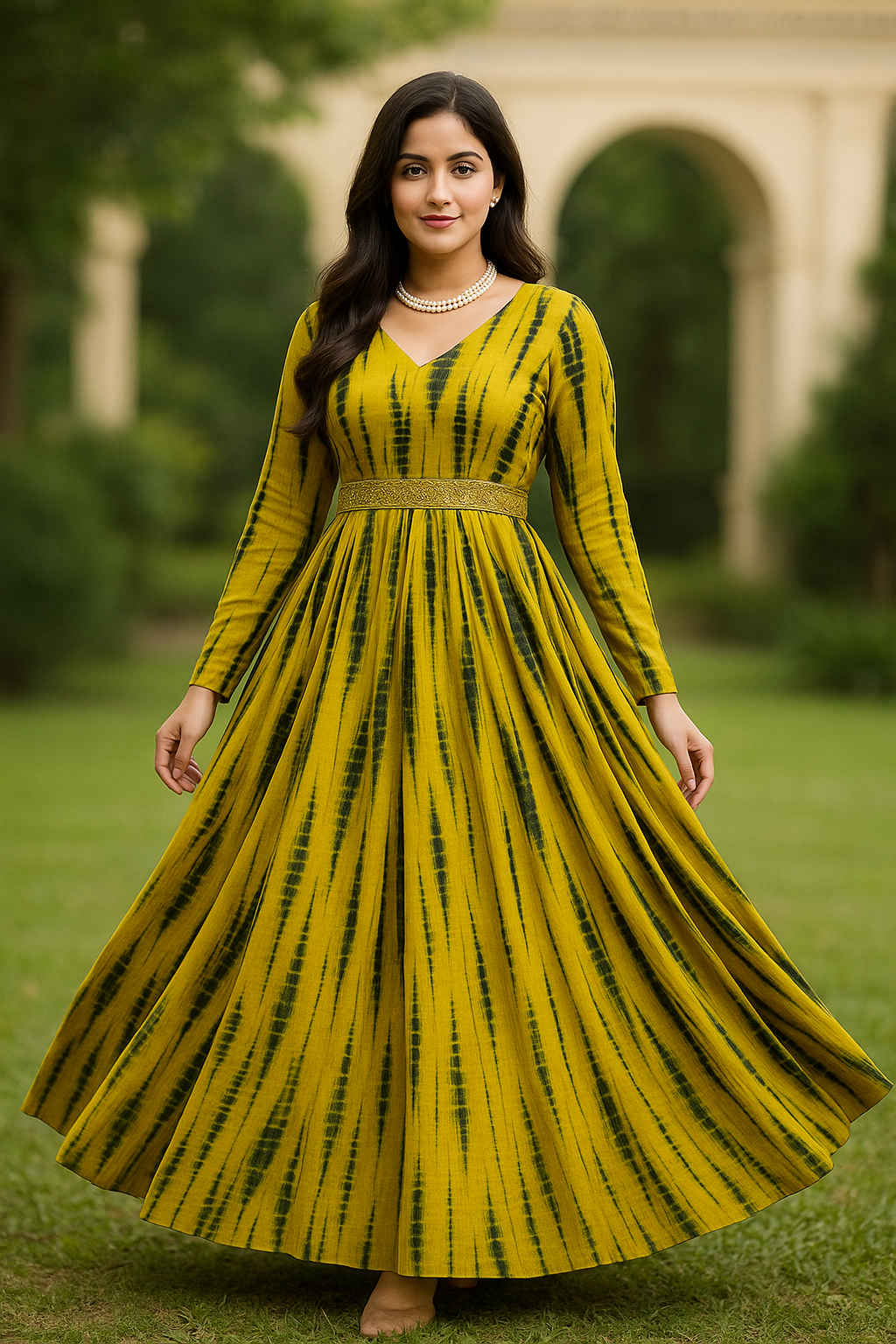 Traditional Yellow Tie-Dye Flared Gown