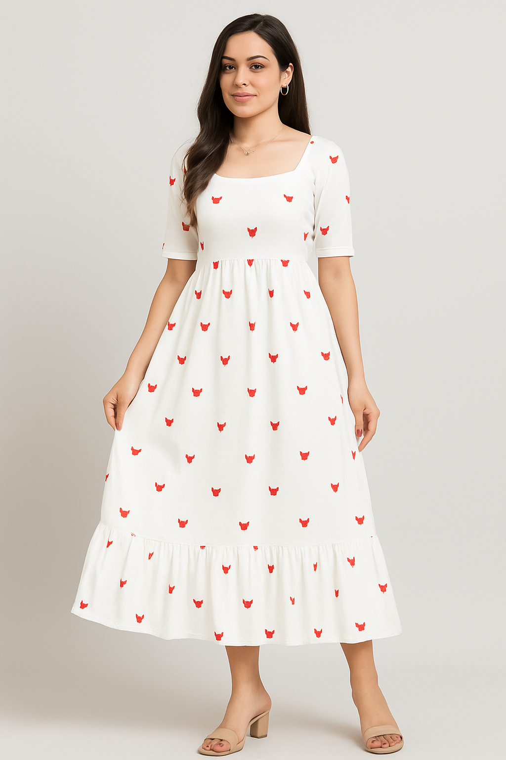 White A-Line Midi Dress with Red Butterfly Print