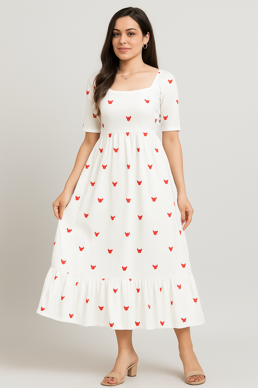 White A-Line Midi Dress with Red Butterfly Print