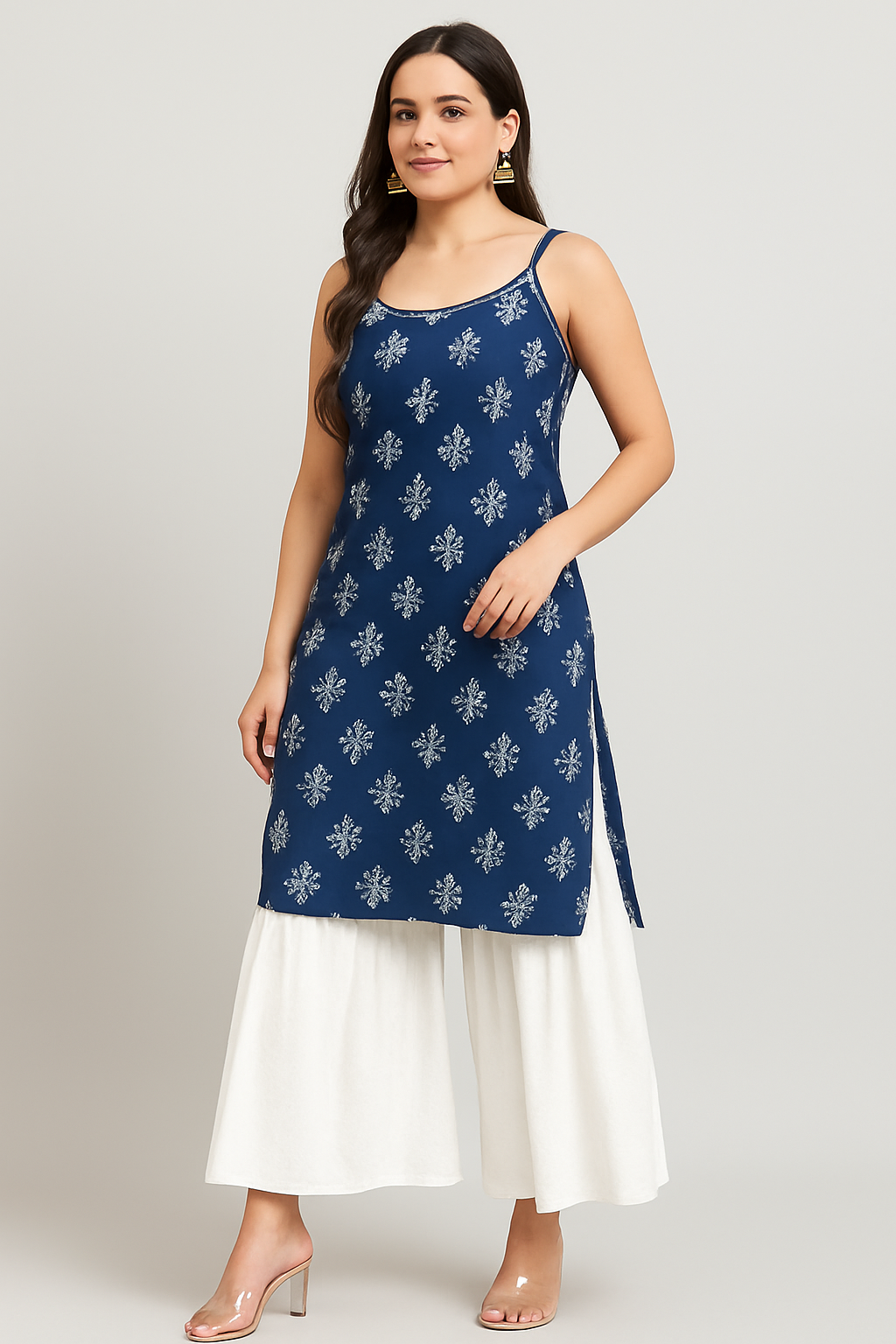 Navy Blue Printed Kurti with White Palazzo Pants
