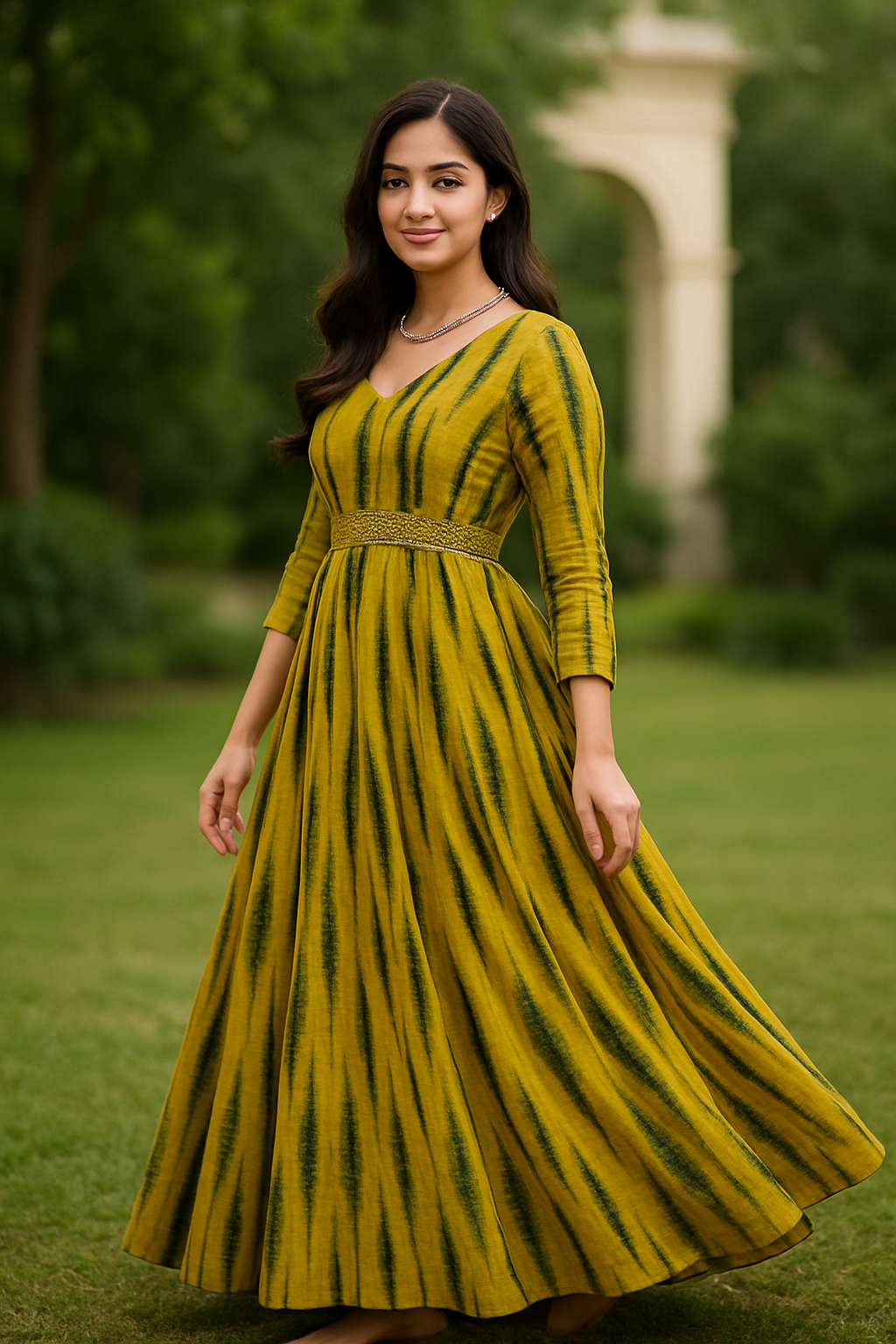 Traditional Yellow Tie-Dye Flared Gown