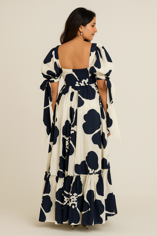 Navy Blue and White Floral Maxi Dress with Puff Sleeves