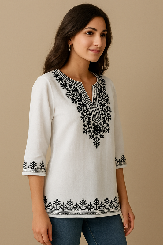 Elegant White Cotton Kurti with Black Embroidery – Side Slit Design