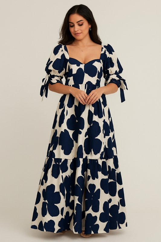 Navy Blue and White Floral Maxi Dress with Puff Sleeves