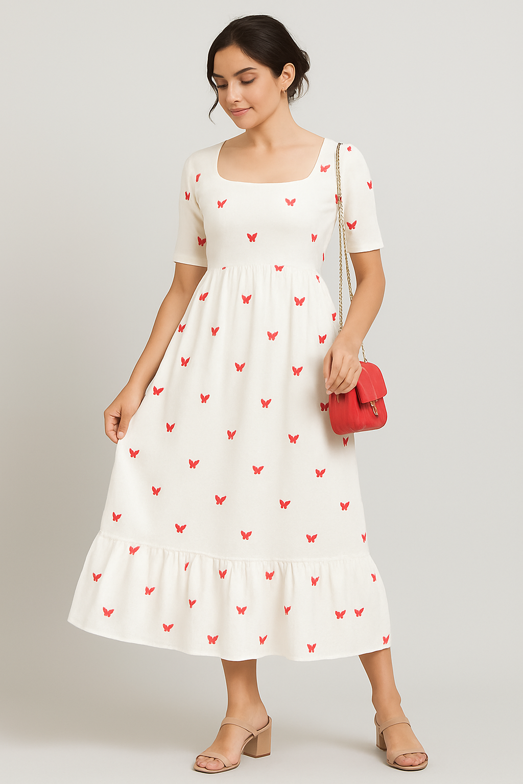 White A-Line Midi Dress with Red Butterfly Print