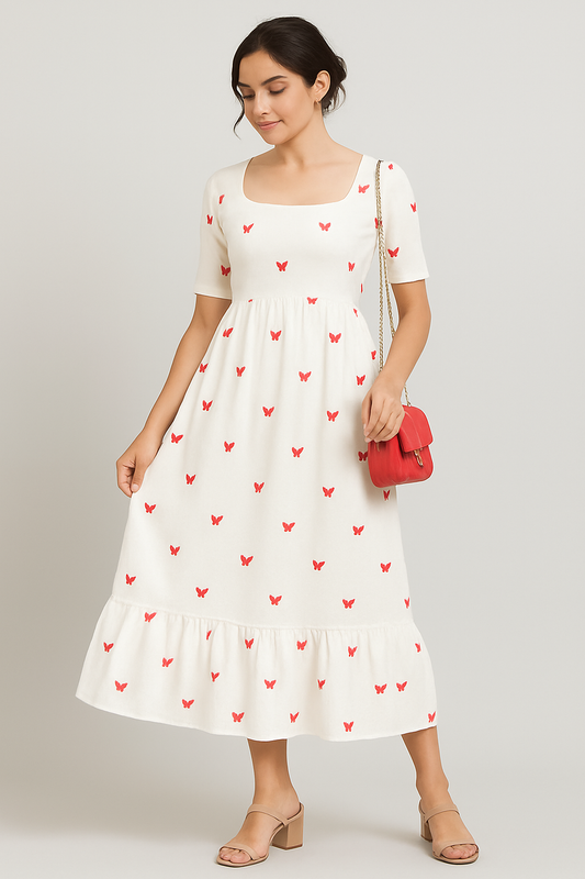 White A-Line Midi Dress with Red Butterfly Print