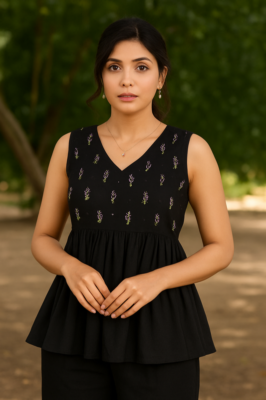 Black Sleeveless Peplum Kurti Top with Floral Embroidery
